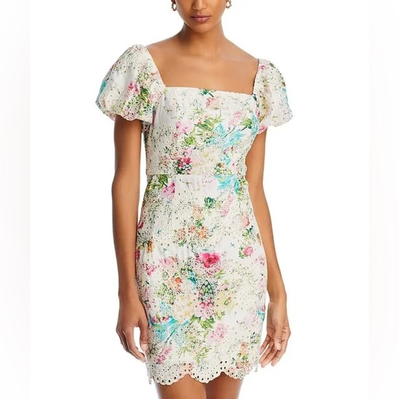 FORE White Lace Floral Print Mini Dress Puff Sleeves L - Picture 1 of 15